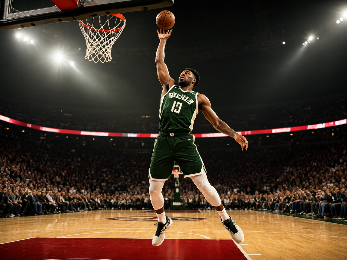 篮球比赛激烈对抗，球员跳起争抢篮板，球场灯光聚焦，NBA比赛现场激情画面