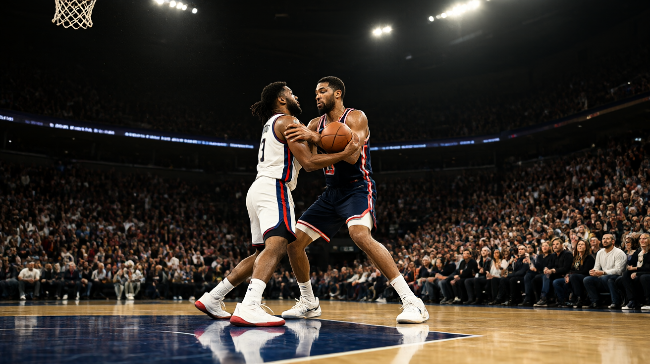 NBA篮球比赛现场,球员在场上激烈对抗,球馆内观众热情呐喊,职业篮球赛事氛围