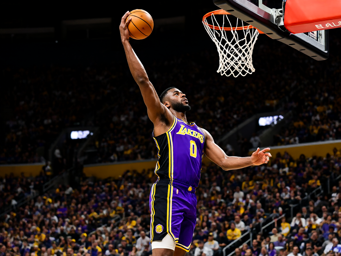 NBA常规赛现场，球员在空中扣篮，球馆内座无虚席，激情四溢的篮球赛事氛围